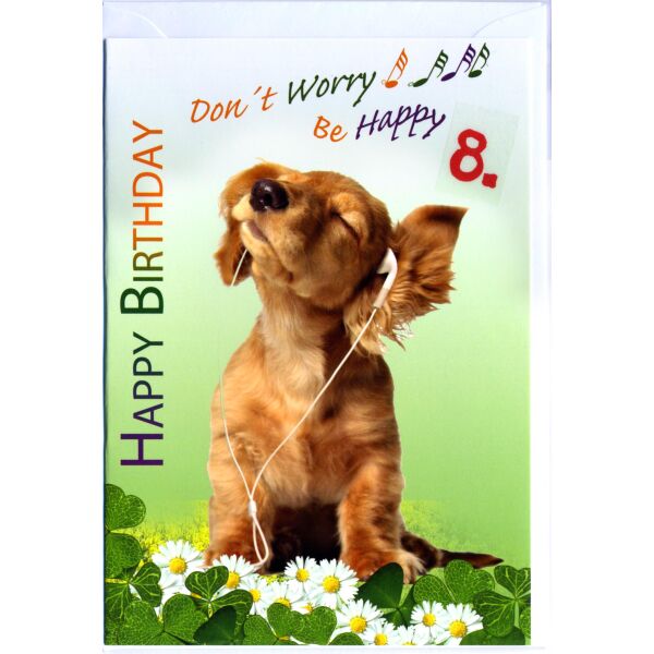 8. Geburtstag Glückwunschkarte mit Zahl 8 und Umschlag Hund Kopfhörer Happy Birthday