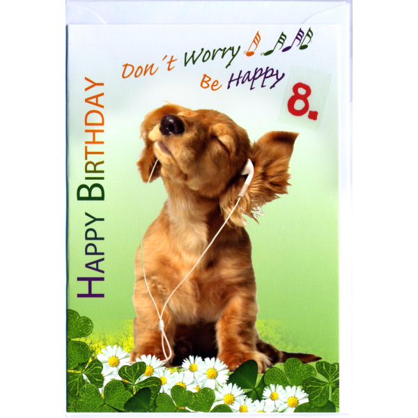 8. Geburtstag Glückwunschkarte mit Zahl 8 und Umschlag Hund Kopfhörer Happy Birthday