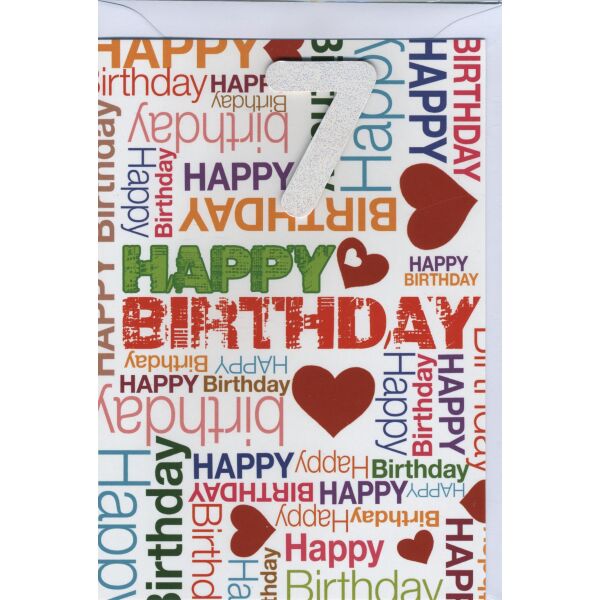 7. Geburtstag Glückwunschkarte mit Zahl 7 und Umschlag Happy Birthday und rote Herzen