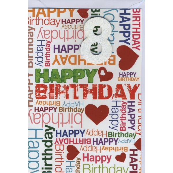 8. Geburtstag Glückwunschkarte mit Zahl 8 und Umschlag Happy Birthday und rote Herzen