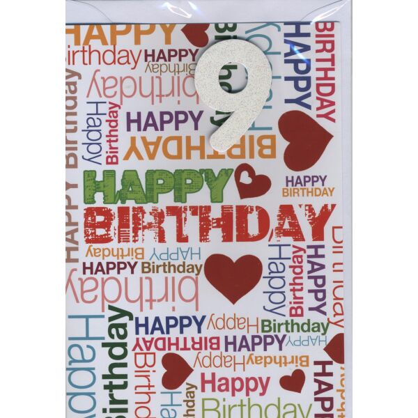 9. Geburtstag Glückwunschkarte mit Zahl 9 und Umschlag Happy Birthday und rote Herzen