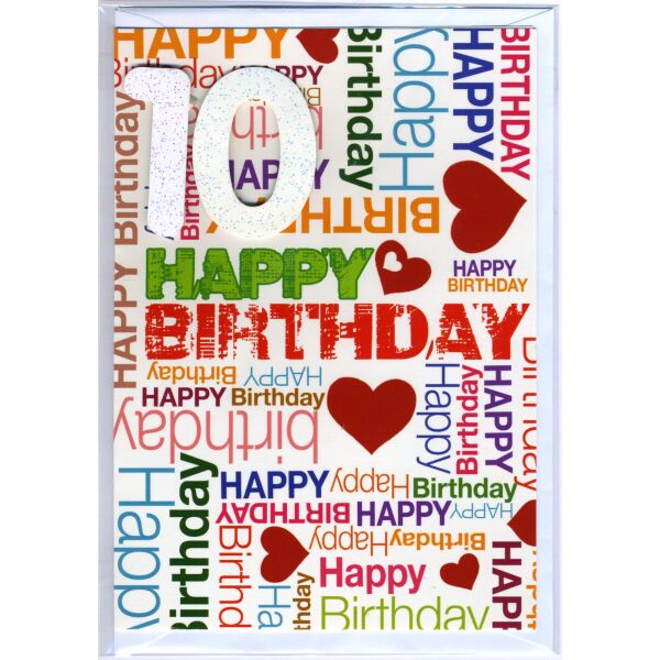 10. Geburtstag Glückwunschkarte mit Zahl 10 und Umschlag Happy Birthday und rote Herzen