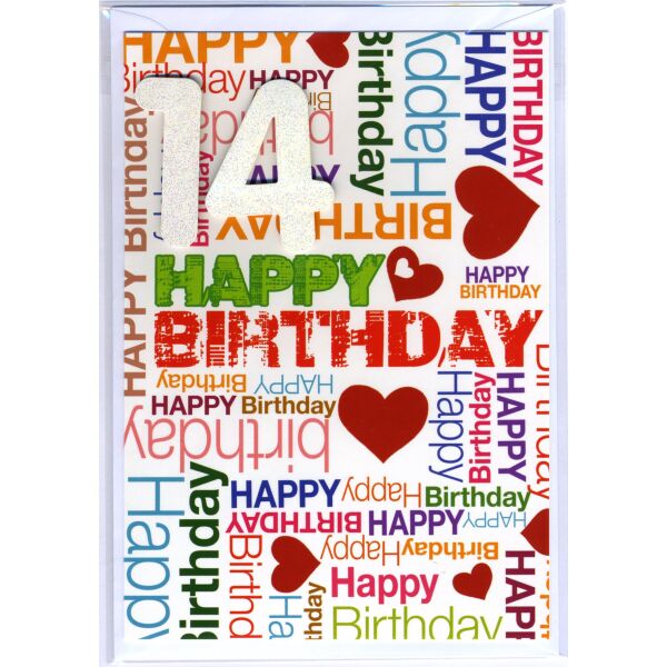 14. Geburtstag Glückwunschkarte mit Zahl 14 und Umschlag Happy Birthday und rote Herzen