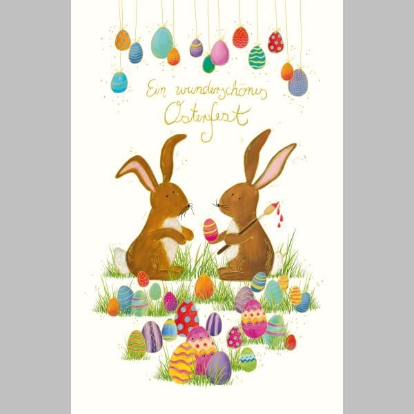 Ostern Naturkarton Glückwunschkarte mit Umschlag Großes buntes Osterei, Kaninchen, kleine Ostereier an einem Ast