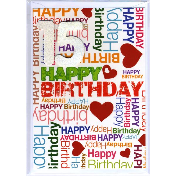 15. Geburtstag Glückwunschkarte mit Zahl 15 und Umschlag Happy Birthday und rote Herzen