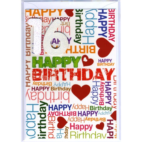 16. Geburtstag Glückwunschkarte mit Zahl 16 und Umschlag Happy Birthday und rote Herzen