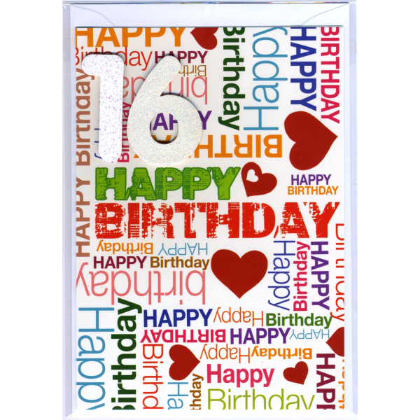 16. Geburtstag Glückwunschkarte mit Zahl 16 und Umschlag Happy Birthday und rote Herzen