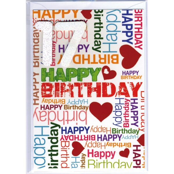 17. Geburtstag Glückwunschkarte mit Zahl 17 und Umschlag Happy Birthday und rote Herzen