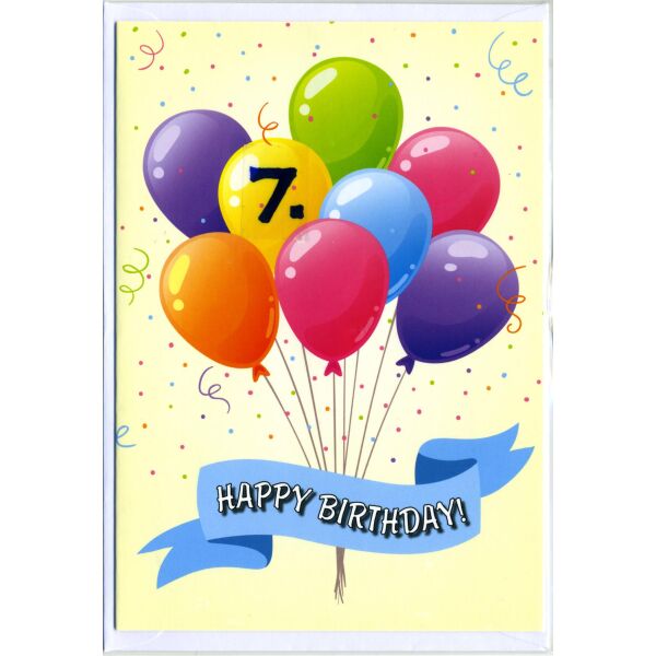 7. Geburtstag Glückwunschkarte mit Zahl 7 und Umschlag Luftballons Happy Birthday