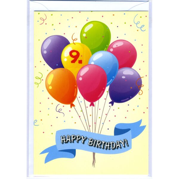 9. Geburtstag Glückwunschkarte mit Zahl 9 und Umschlag Luftballons Happy Birthday