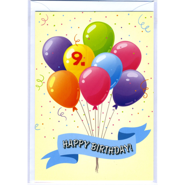 9. Geburtstag Glückwunschkarte mit Zahl 9 und Umschlag Luftballons Happy Birthday