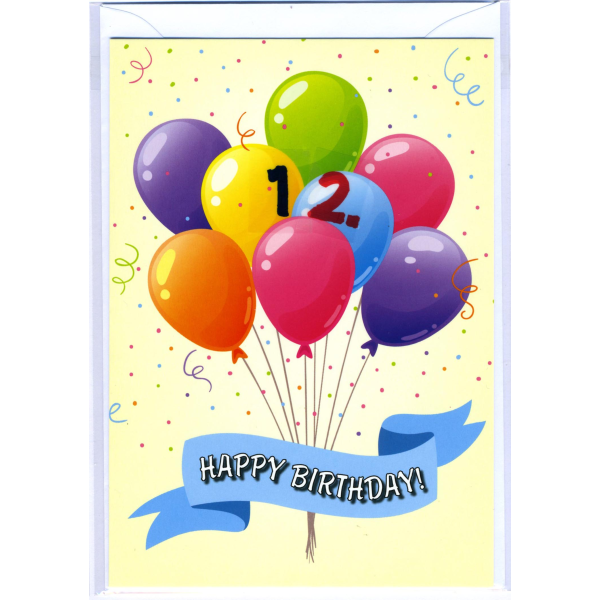 12. Geburtstag Glückwunschkarte mit Zahl 12 und Umschlag Luftballons Happy Birthday