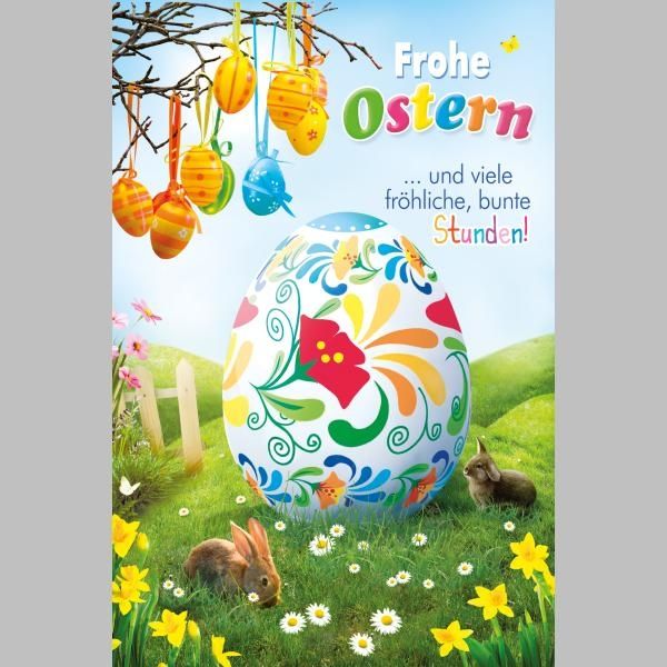 Ostern Glückwunschkarte mit Umschlag Großes buntes Osterei, Kaninchen, kleine Ostereier an einem Ast