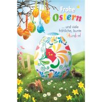 Ostern Glückwunschkarte mit Umschlag Großes buntes Osterei, Kaninchen, kleine Ostereier an einem Ast