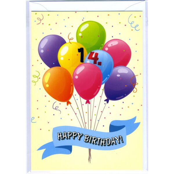14. Geburtstag Glückwunschkarte mit Zahl 14 und Umschlag Luftballons Happy Birthday