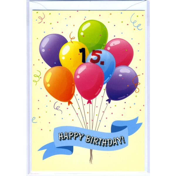 15. Geburtstag Glückwunschkarte mit Zahl 15 und Umschlag Luftballons Happy Birthday