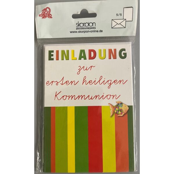 Kommunion 5 Einladungen mit 5 Umschlägen mit Innentext Fisch Streifen zur ersten heiligen Kommunion