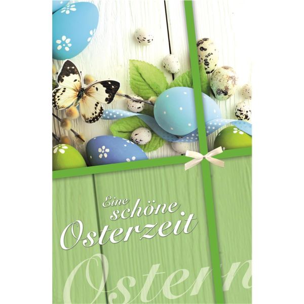 Ostern Glückwunschkarte mit Umschlag bunte Eier, Schmetterlinge, weiße Schleife