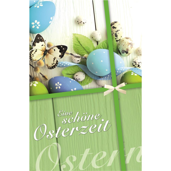 Ostern Glückwunschkarte mit Umschlag bunte Eier, Schmetterlinge, weiße Schleife