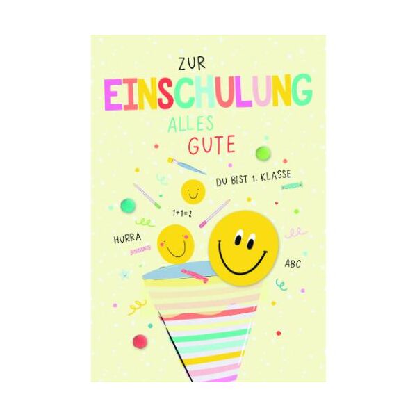 Schulanfang Glückwunschkarte mit Umschlag Smiley Schultüte Zur Einschulung alles Gute mit Applikationen