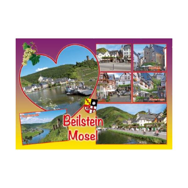 Beilstein an der Mosel Postkarte Motive 003 Herz Blick auf Burg Metternich Anleger