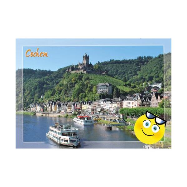 Cochem an der Mosel Postkarten gelbes Gesicht mit Sonnenbrille Cochem Schloss