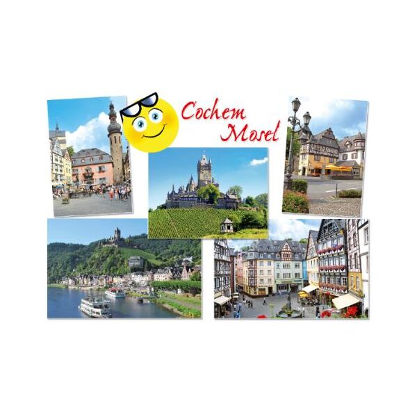 Cochem an der Mosel Postkarten gelbes Gesicht mit Sonnenbrille Marktplatz