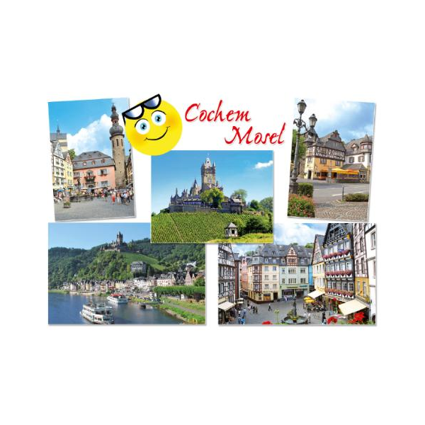 Cochem an der Mosel Postkarten gelbes Gesicht mit Sonnenbrille Marktplatz