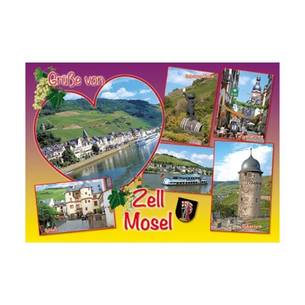 Zell an der Mosel Postkarte Ansichtskarte Motive 005 Fußgängerzone schwarze Katze Schloss Pulverturm