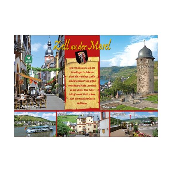 Zell an der Mosel Postkarten Motive 010 Fußgängerzone Pulverturm Schloss Zell Moselpromenade Wappen