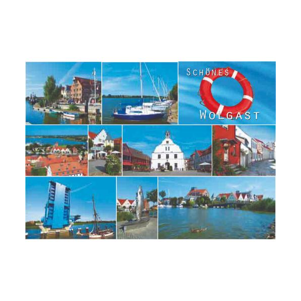 Wolgast Postkarte Ansichtskarte Motive 010 schönes Wolgast Rettungsring Schiffanleger
