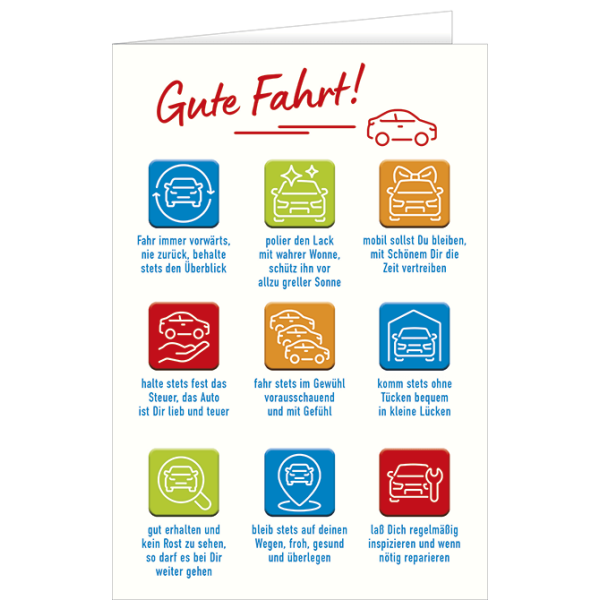 Gute Fahrt Glückwunschkarte mit Umschlag zum neuen Auto oder zur Führerscheinprüfung