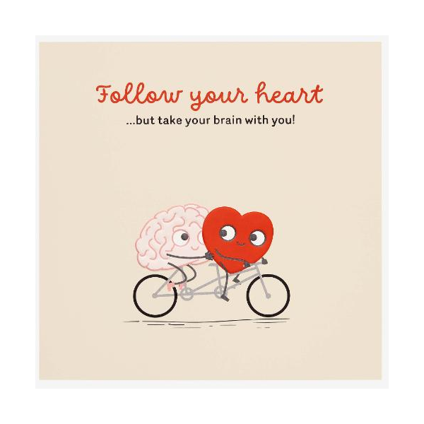 Hochzeit Quadratische unverpackte Glückwunschkarte mit Briefumschlag  follow your heart take your brain with you  Herz und Gehirn auf Tandem  HAPPY PAPER