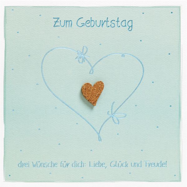 Geburtstag unverpackte quadratische Glückwunschkarte mit Umschlag Moments Collection Herz blau Zum Geburtstag drei Wünsche für dich