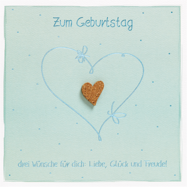 Geburtstag unverpackte quadratische Glückwunschkarte mit Umschlag Moments Collection Herz blau Zum Geburtstag drei Wünsche für dich