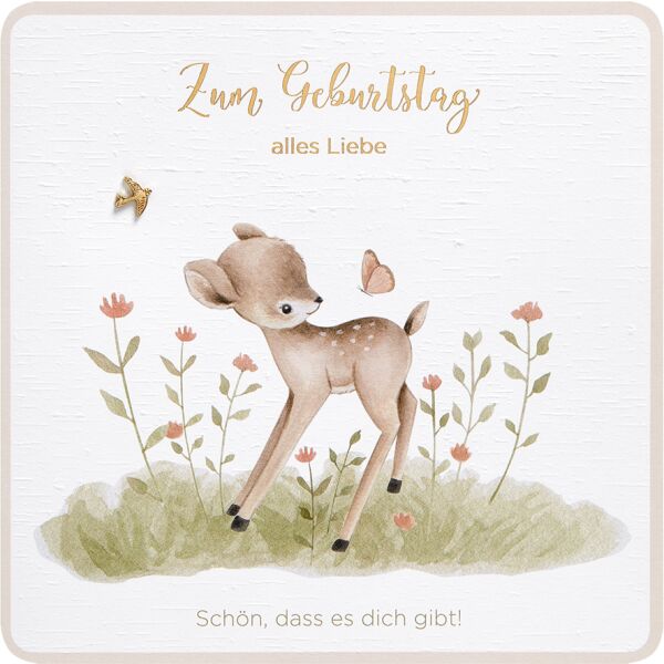 Geburtstag Finest Collection unverpackte Glückwunschkarte mit Umschlag Reh mit Schmetterling Zum Geburtstag alles Liebe