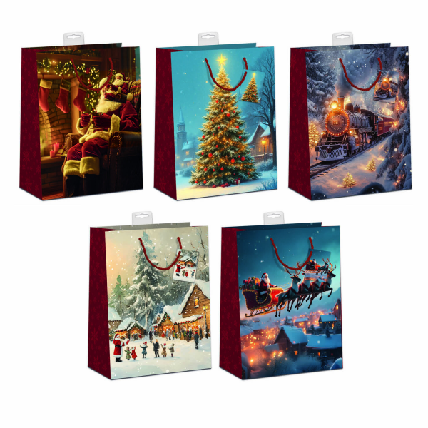 Weihnachten 10 Geschenktaschen sortiert Medium A5-Format UVP 19,50€ pro Tüte 1,95€ Zug Weihnachtsmann mit Schlitten Tannenbaum Weihnachtsmann vor Kamin