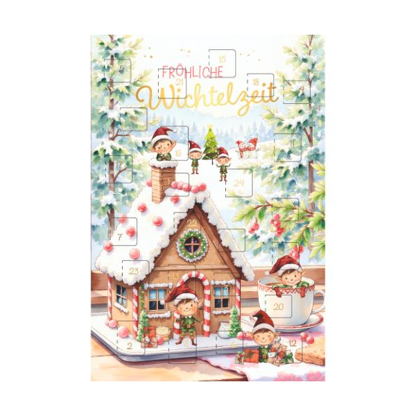 Adventskalender Adventskalenderkarte mit Briefumschlag Lebkuchenhaus mit Wichteln Fröhliche Wichtelzeit