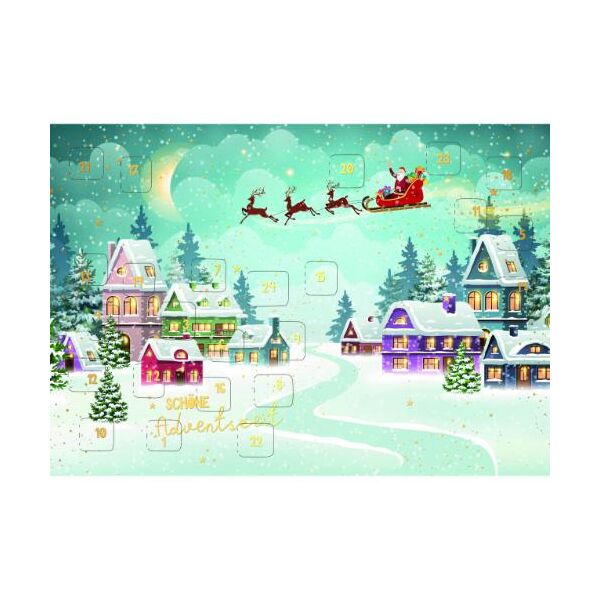 Adventskalender Adventskalenderkarte QR-Code-Rezepte DIN A5 Rentierschlitten über Stadt