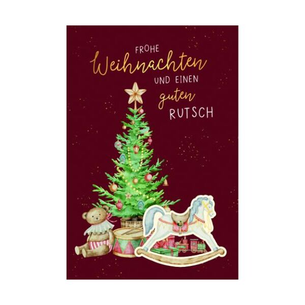 Weihnachtskarten mit Drehelement mit Briefumschlag Schaukelpferd Christbaum Frohe Weihnachten einen guten Rutsch