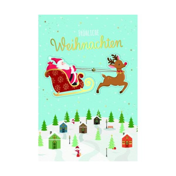 Weihnachtskarten mit Drehelement mit Briefumschlag Rentierschlitten mit Weihnachtsmann über Dorf fröhliche Weihnachten