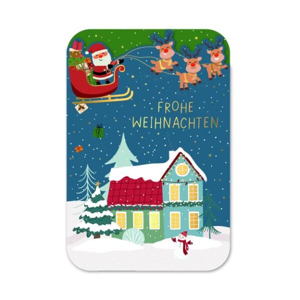 Weihnachten gestanzte Karte mit Innendruck und Briefumschlag Schlitten Haus Schneemann Frohe Weihnachten
