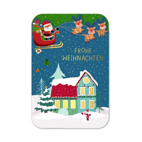 Weihnachten gestanzte Karte mit Innendruck und Briefumschlag Schlitten Haus Schneemann Frohe Weihnachten