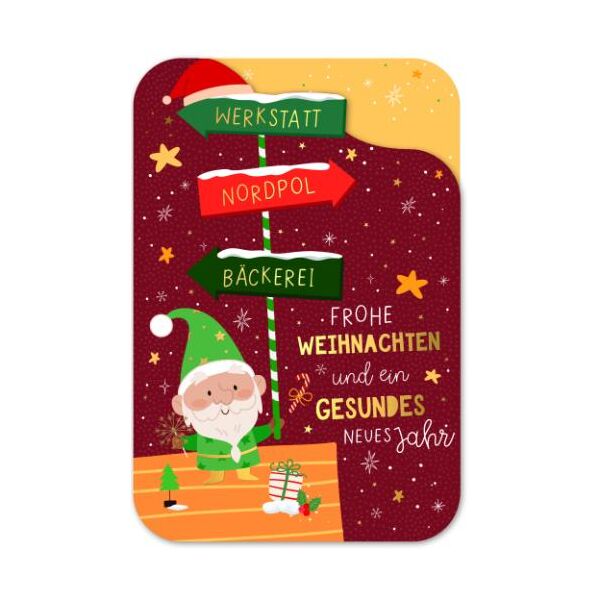 Weihnachten gestanzte Karte mit Innendruck und Briefumschlag Wichtel Wegweiser Frohe Weihnachten gesundes neues Jahr