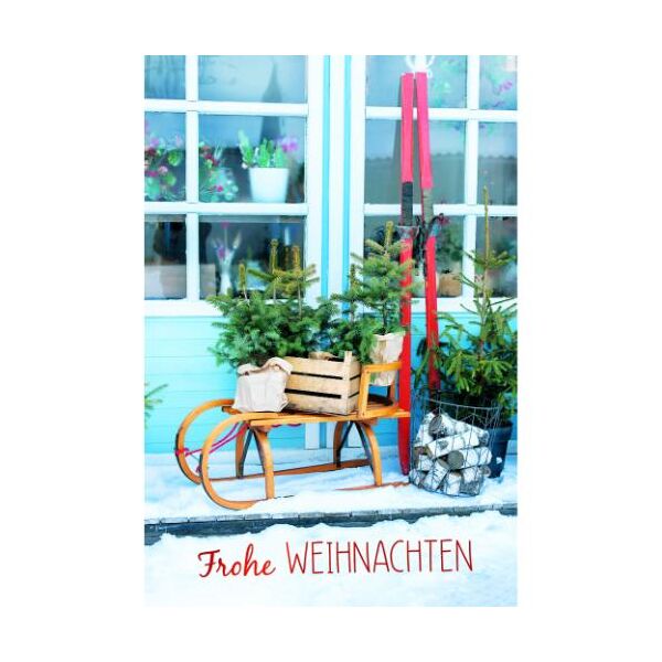 Weihnachtskarten mit Briefumschlag Schlitten mit Tannenbäumen Skier Frohe Weihnachten