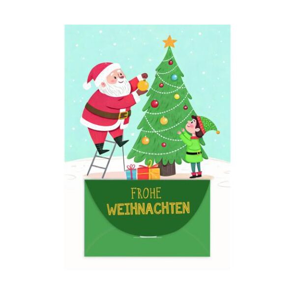 Weihnachten Geldkarte mit Briefumschlag Weihnachtsmann Wichtel Christbaum Frohe Weihnachten