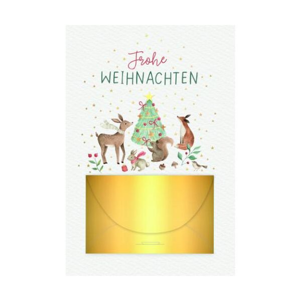 Weihnachten Geldkarte mit Briefumschlag goldenes Geldkuvert Tiere an Tannenbaum Frohe Weihnachten