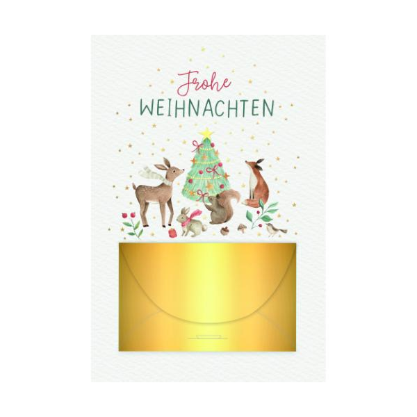 Weihnachten Geldkarte mit Briefumschlag goldenes Geldkuvert Tiere an Tannenbaum Frohe Weihnachten