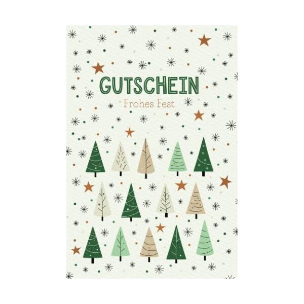 Weihnachten Gutschein mit Briefumschlag Nadelbäume Sterne Frohes Fest