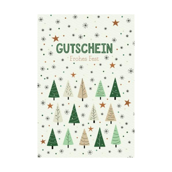 Weihnachten Gutschein mit Briefumschlag Nadelbäume Sterne Frohes Fest